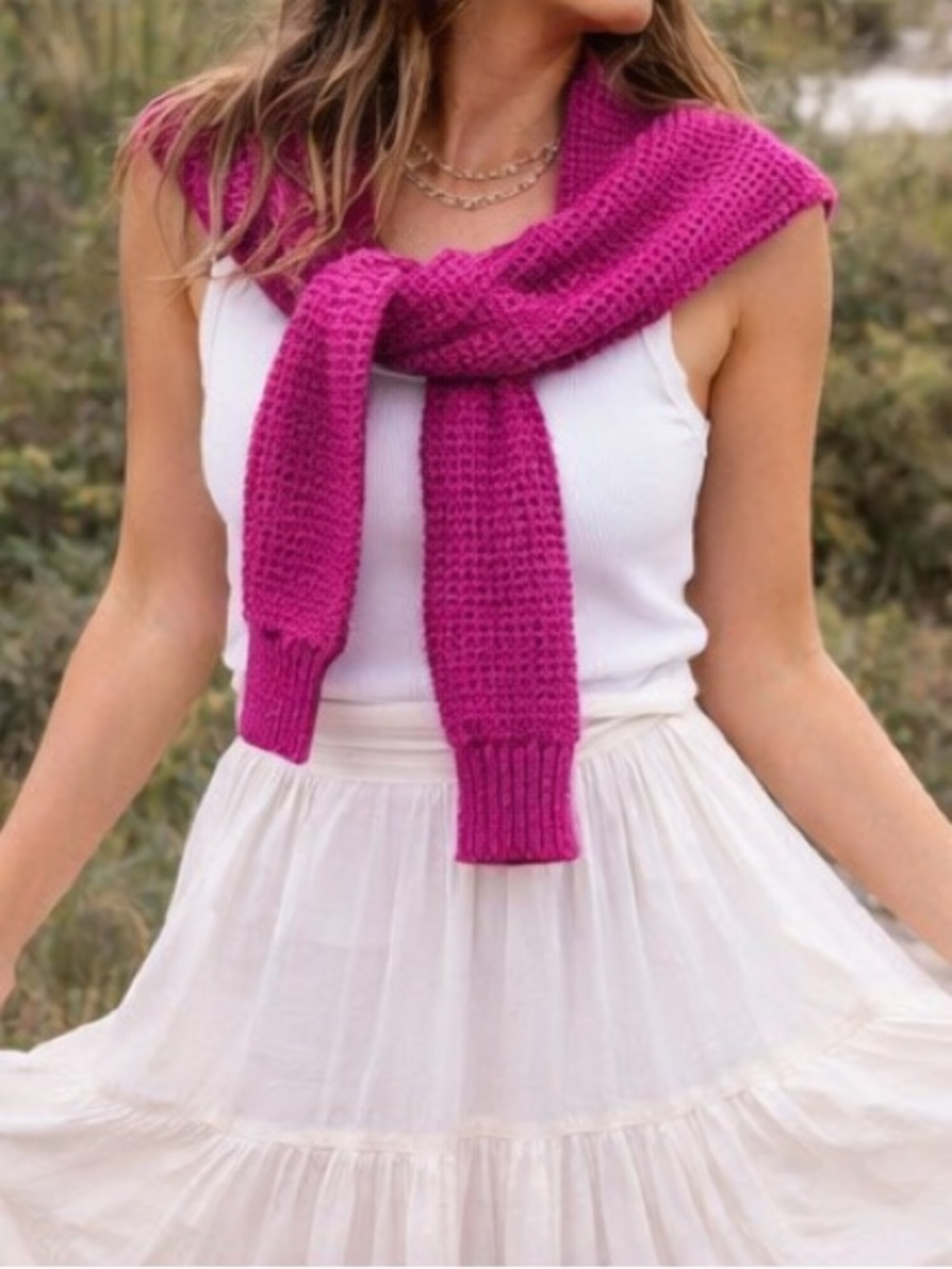 Fuchsia Waffle Knit Sweater Lightweight Boho Spring Summer Layer Small